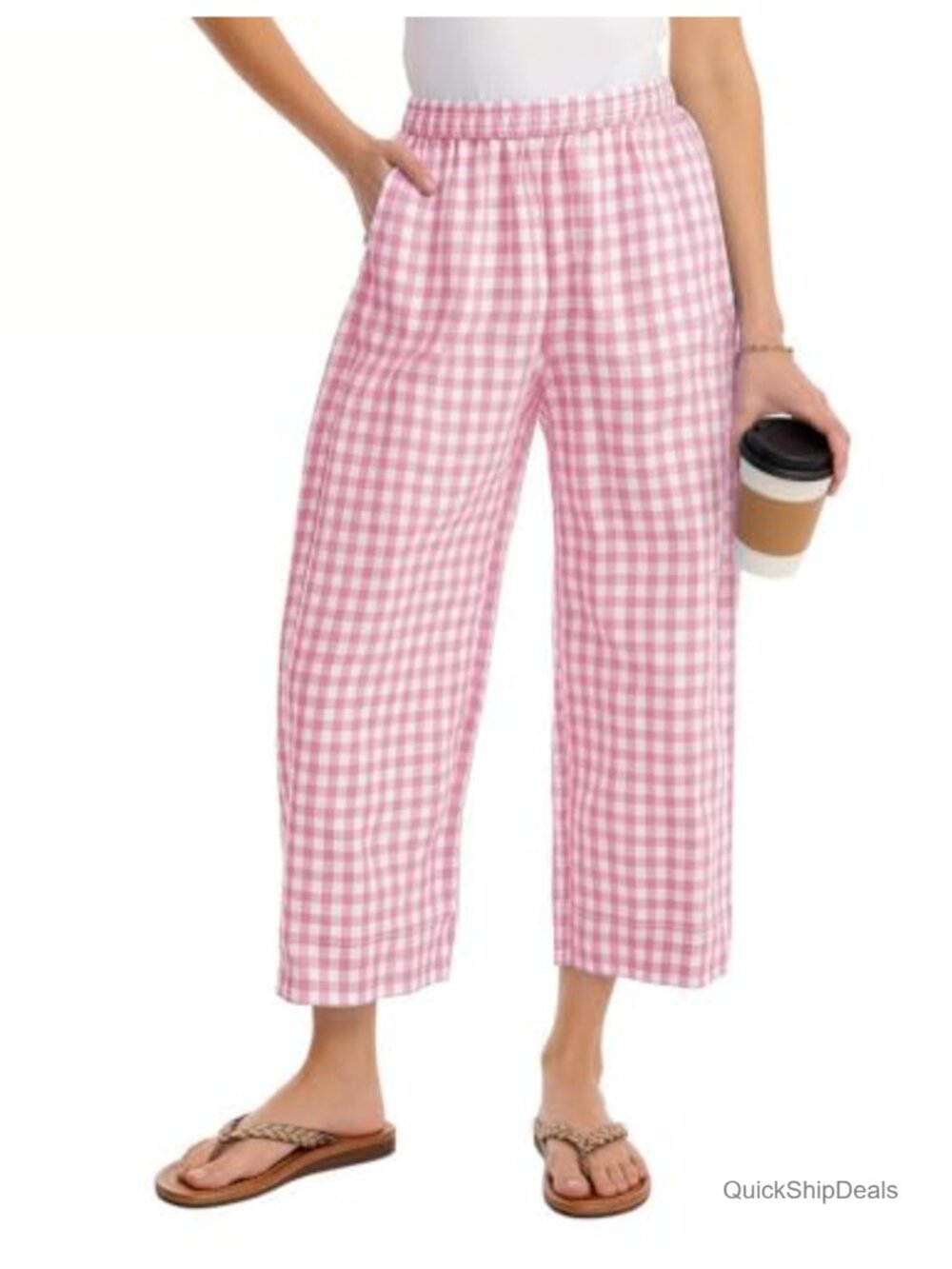 Wide Leg Gingham Capri Pants Cotton High Waist Palazzo Bottoms with Pockets